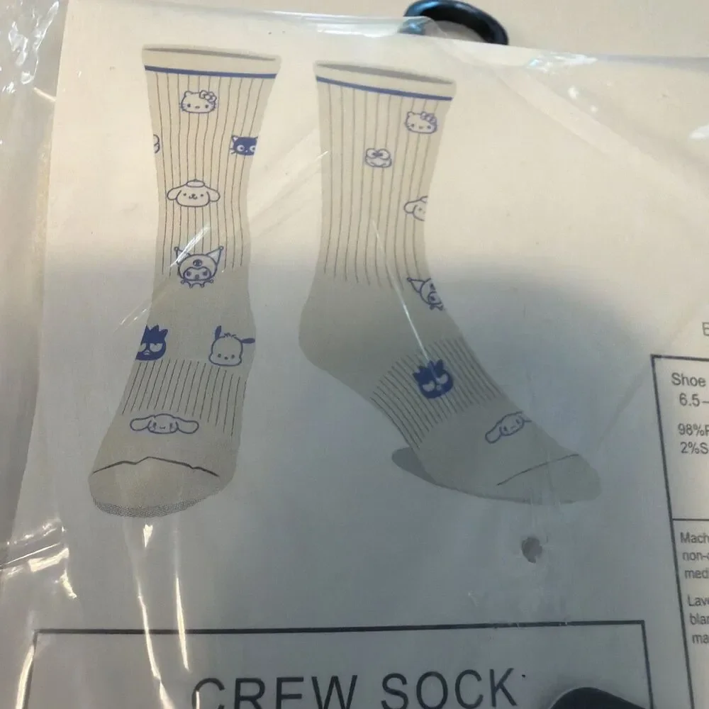 Hello Kitty Crew Socks White/Blue - Shoe Size 6.5 -12.5 -Sock Size 10-13